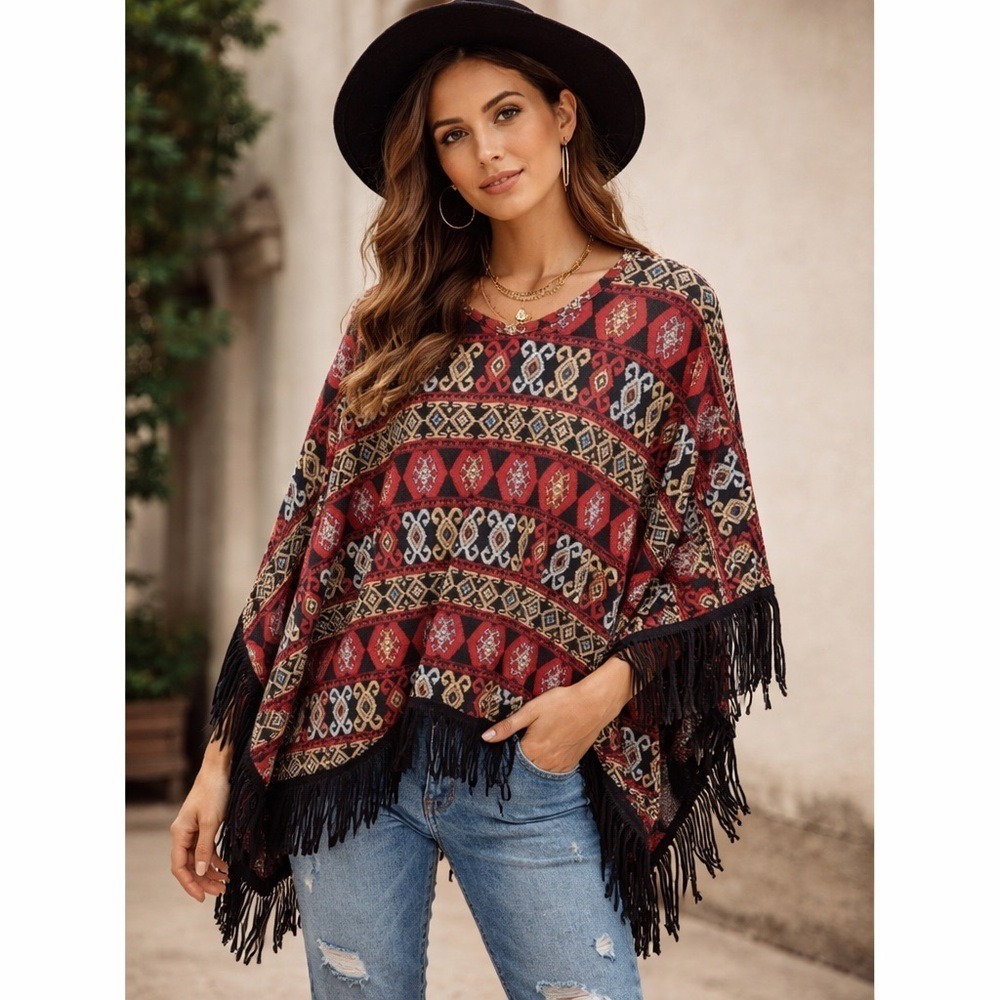 Double D Ranch Medium Tribal Aztec Fringe Poncho Bohemian Western Small